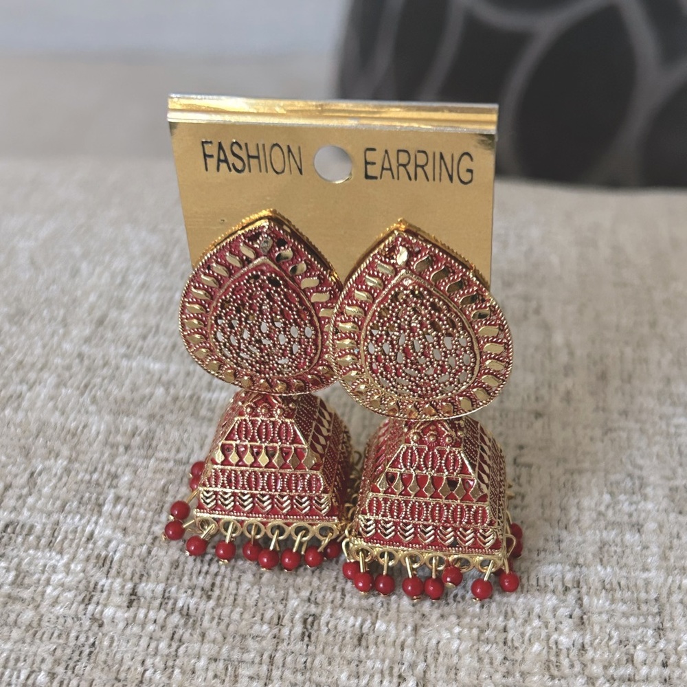 Indian Jhumka Gold and Red beaded earrings